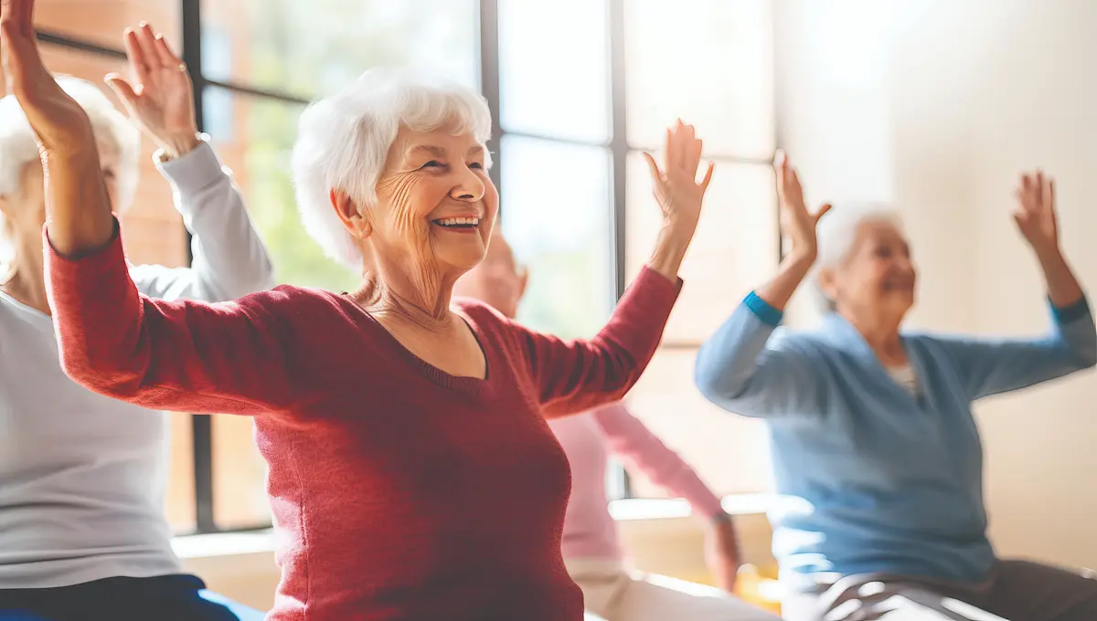 A group of smiling elderly women participate in a seated exercise class, raising their arms in a bright room with large windows.