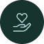 A simple line drawing of an open hand with a heart shape floating above it, symbolizing care, giving, or support, on a dark green background.