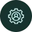 A light-colored gear icon with a person silhouette in the center, displayed on a dark green background, representing user settings or user account management.
