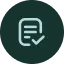 A light green icon of a paper with three horizontal lines and a checkmark in the bottom right corner, displayed on a dark green background.