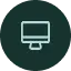 A simple line drawing of a computer monitor icon in light green, centered on a dark green circular background.