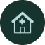 A simple white outline of a hospital building with a cross above the entrance, set against a dark green background—perfect for representing SeniorConcierge and St.Louis Seniors.