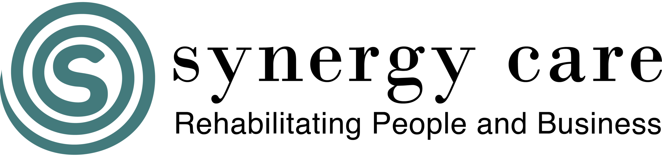 Logo for Synergy Care featuring a stylized S in teal circular lines, with the tagline Rehabilitating People and Business beneath the company name in black text on a light background.