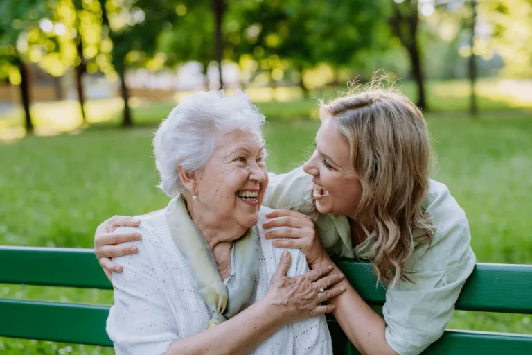 Senior with dementia and daughter having a conversation