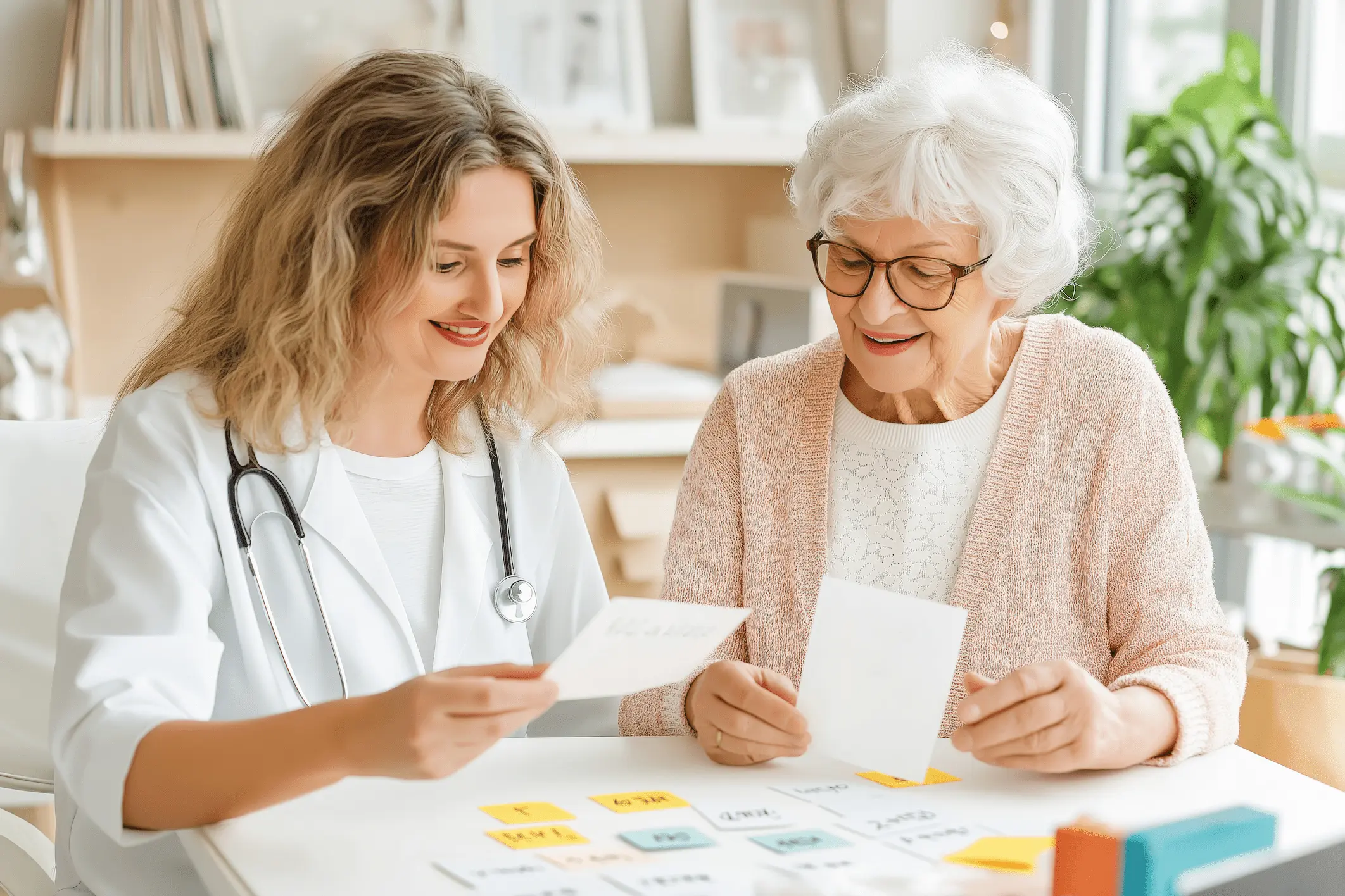 A smiling female doctor and an elderly woman sit together, looking at papers and cards on a table. The doctor wears a white coat and stethoscope; the elderly woman wears glasses and a pink cardigan.